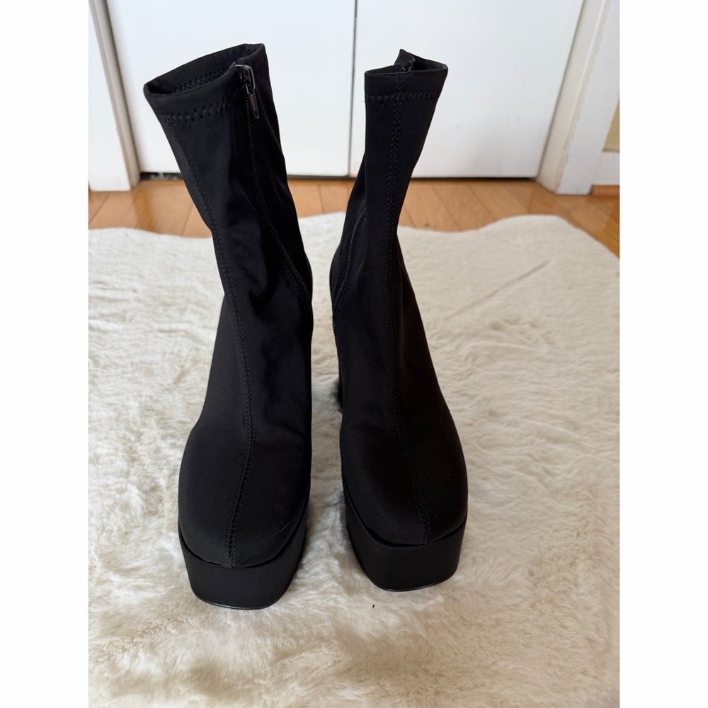 Black Satin High Platform Dancer Ankle Sock Boots fits size 7.5-8 - Picture 4 of 7